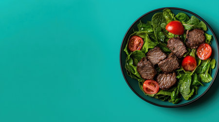 Delicious grilled steak salad with fresh tomatoes and spinachの素材