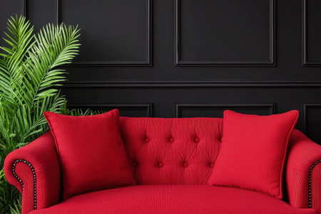 Red velvet tufted sofa with pillows against a black wallの素材