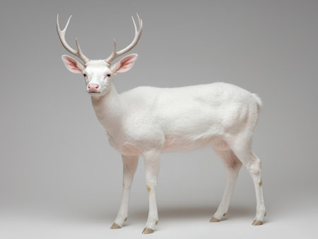 Albino deer in profile view, isolated on grey backgroundの素材