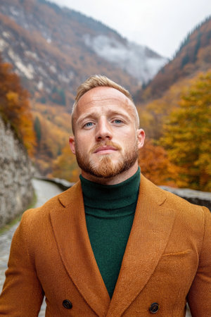 Stylish man in autumn landscapeの素材