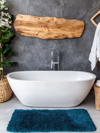 Modern bathroom with freestanding bathtub and wooden shelfの素材