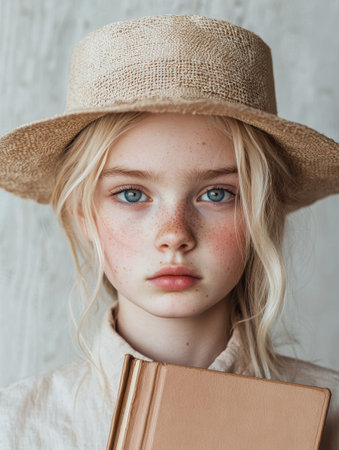 Portrait of a young girl with freckles wearing a straw hat and holding a bookの素材