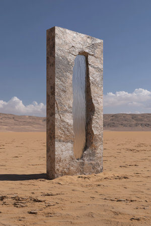 Stone monument with a mirror in the desertの素材