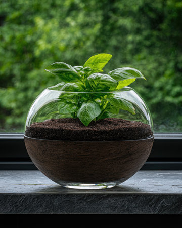Basil plant in a modern glass and wood terrarium on a windowsillの素材