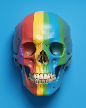 Rainbow painted skull on blue backgroundの素材
