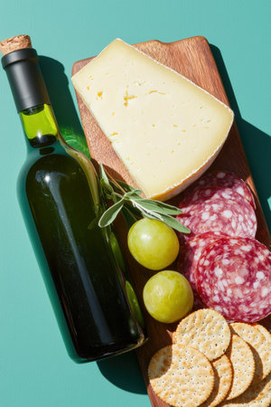 Overhead view of a wooden board with cheese, salami, crackers, grapes, and a bottle of wine.の素材