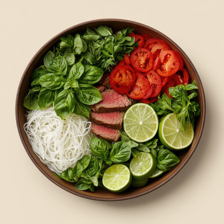 Delicious and healthy beef bowl with rice noodles, fresh herbs, and vegetablesの素材