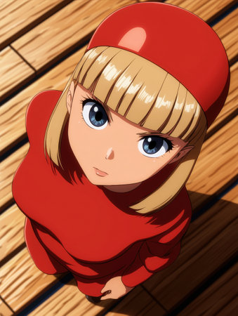 Anime girl in red dress looking downの素材