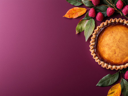 Delicious pumpkin pie with autumn leaves and raspberriesの素材