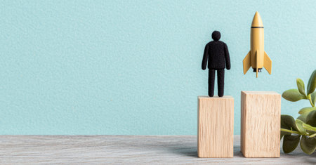 Businessman standing on a wooden block watching a rocket launch, business growth conceptの素材