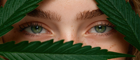 Close-up of woman's eyes framed by cannabis leavesの素材