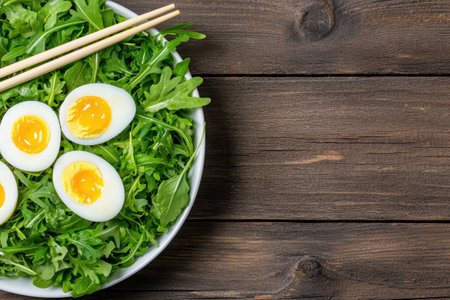 Healthy arugula salad with hard-boiled eggs, overhead shotの素材