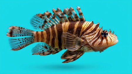 Close-up of a lionfish against a blue backgroundの素材