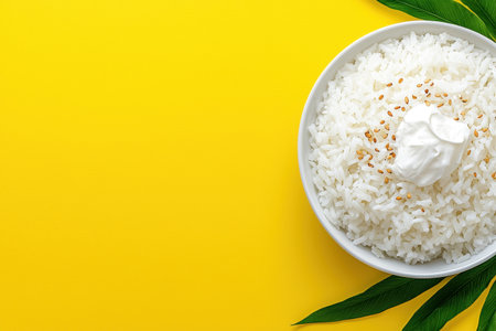 Creamy rice bowl with sesame seeds on yellow backgroundの素材