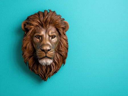 Bronze lion head wall decor on teal backgroundの素材