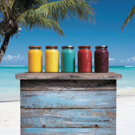 Five colorful smoothies on a rustic wooden stand at the beachの素材