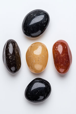 Five tumbled stones of various colors and textures arranged on a white backgroundの素材