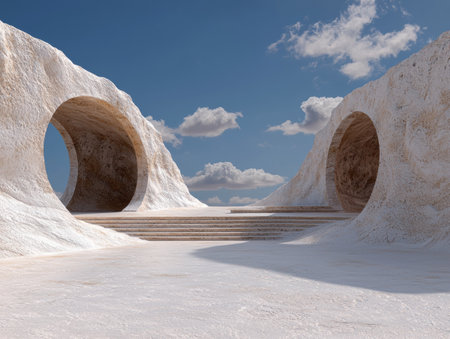 Abstract architecture in a desert landscape with circular openingsの素材