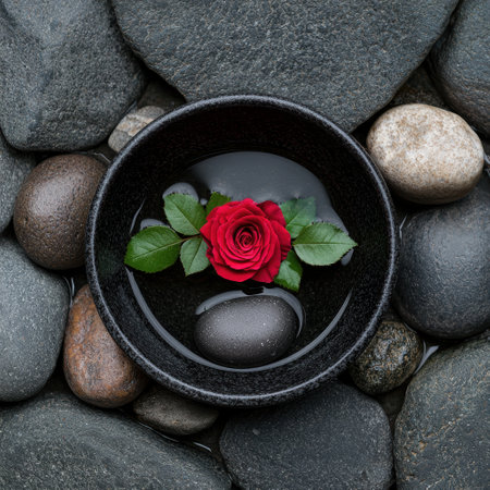 Red rose in a black bowl with grey stonesの素材