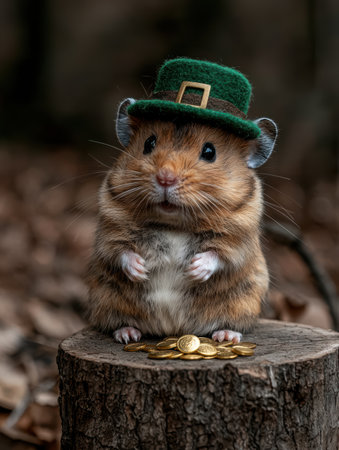 Adorable hamster in a leprechaun hat with gold coinsの素材