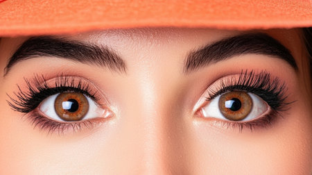 Close-up of a woman's eyes with natural makeup and long lashesの素材