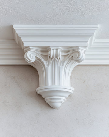 White ornate crown molding detail on ceilingの素材
