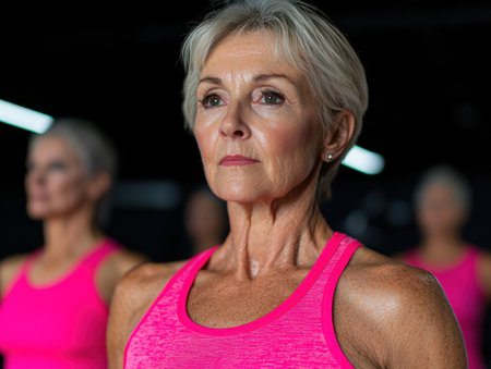 Confident mature woman in sportswear looking awayの素材