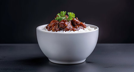Delicious teriyaki beef and rice in a white bowlの素材