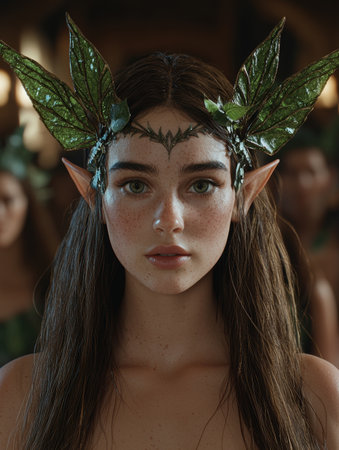 Portrait of a mystical elf woman with leaf headdressの素材