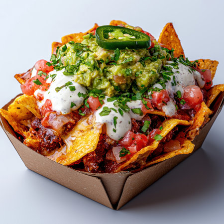 Loaded nachos with guacamole, sour cream, and pico de galloの素材