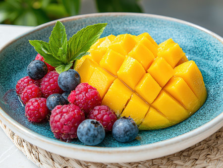 Delicious mango and berry salad in a blue bowlの素材