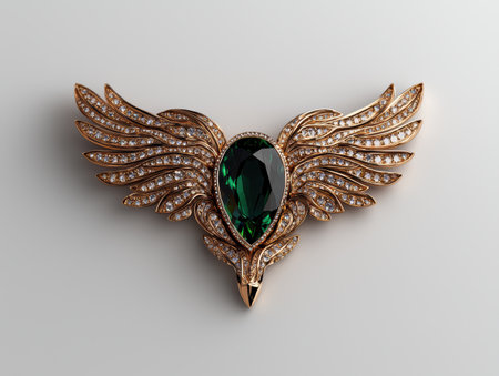 Luxury gold brooch with emerald and diamondsの素材