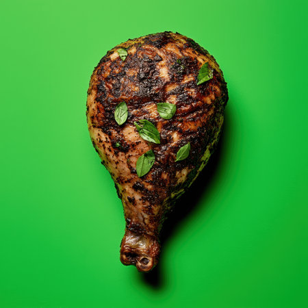 Grilled chicken leg with basil leaves on a green backgroundの素材