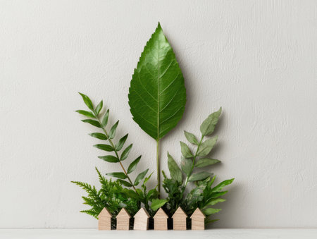Eco-friendly homes and green leaves on white backgroundの素材