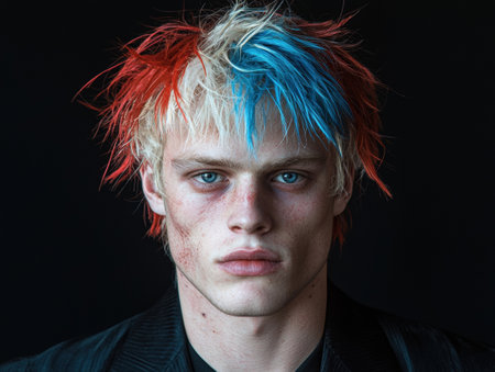 Close-up portrait of a young man with red, white, and blue hairの素材