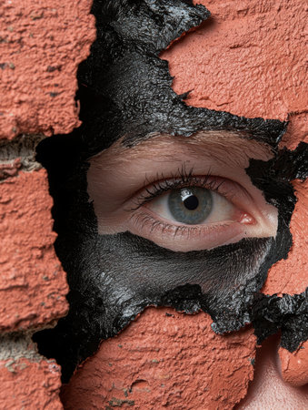 Close-up of a person's eye with a cracked black face maskの素材
