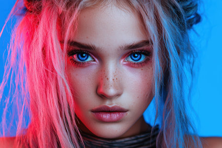Close-up portrait of a young woman with blue eyes and pink and blue hairの素材