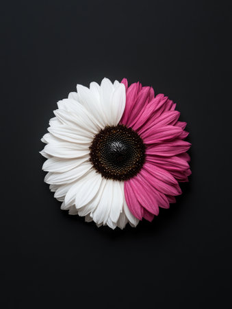 Half white half pink flower on black backgroundの素材