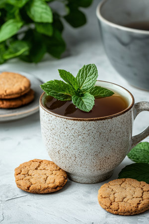 A cup of mint tea with ginger cookiesの素材