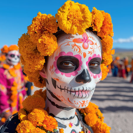 Woman in traditional Mexican makeup and marigold flowers for Dia de Muertosの素材