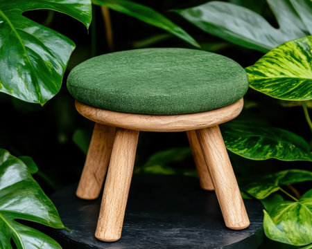 Green velvet round stool on wooden legs in a garden settingの素材