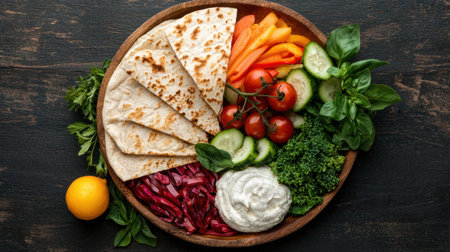 Healthy vegetarian meal with pita bread and fresh vegetablesの素材