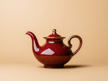 Red teapot with gold accents on beige backgroundの素材