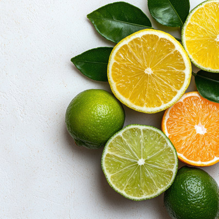 Assorted citrus fruits on white backgroundの素材