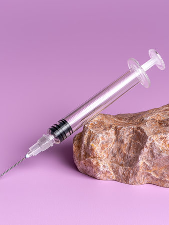 Glass syringe on a rock against a purple backgroundの素材