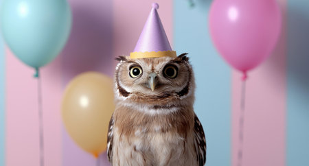 Cute owl wearing a party hat surrounded by pastel balloonsの素材