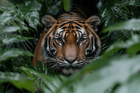 Closeup of a tiger's face peering from behind lush green leavesの素材