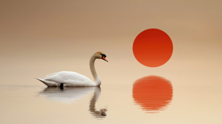 Serene swan on calm water with a large red sun in the backgroundの素材