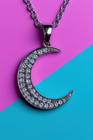 Crescent moon pendant necklace with sparkling diamonds on pink and blue backgroundの素材