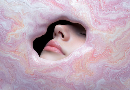 Surreal portrait of a woman's face emerging from a pink and white marble textureの素材